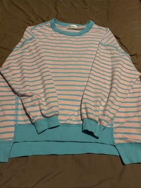 WoMen's Pastel Pink & Aqua Striped Crewneck Sweater
